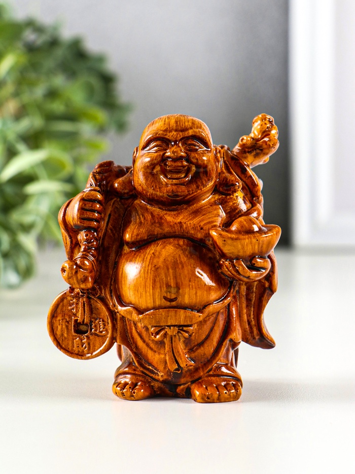 Нэцкэ фигурка полистоун под дерево «Хотей. Богатство», 7.2×6.8×9.2 см - Фото 1