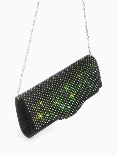 Сумка-клатч женская вечерняя на магните, на цепочке, комбинированная, со стразами, чёрная