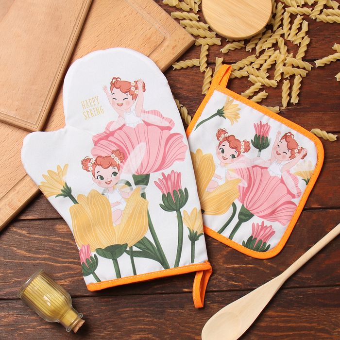 Набор кухонный «Доляна. Весна»: варежка 20×28 см, прихватка 17×17 см, 35% хлопок, 65% п/э - Фото 1