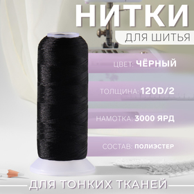 Нить атласная, 120D/2, 2700 м, цвет чёрный 9916094