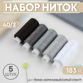 Набор ниток, 40/2, 183 м, 5 шт, цвет чёрный/серый спектр