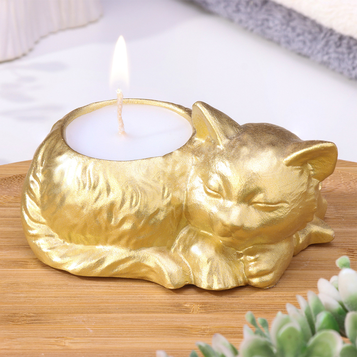 Cвеча "Кошка" в подсвечнике из гипса, 7,5х10х5,5см,золото