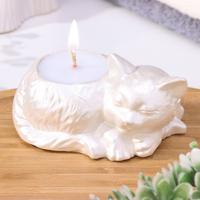 Свеча "Кошка" в подсвечнике из гипса, 7,5х10х5,5см,белый перламутр