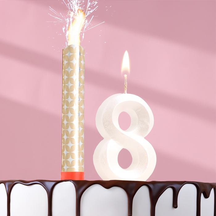 Свеча в торт "Грань + фонтан", цифра "8", жемчужный, 6,5 см - Фото 1