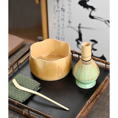 Набор для приготовления Маття чая, 4 предмета: венчик Часен, подставка, ложка Тясаку, чаша Тяван, керамика, бамбук, бежевый