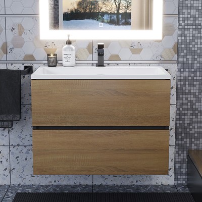 Тумба подвесная Uperwood, с раковиной Uperwood Barsa 70, цвет белый/чёрный/дуб сонома
