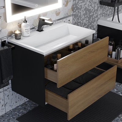 Тумба подвесная Uperwood, с раковиной Uperwood Barsa 70, цвет белый/чёрный/дуб сонома