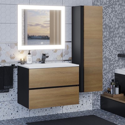 Тумба подвесная Uperwood, с раковиной Uperwood Barsa 70, цвет белый/чёрный/дуб сонома