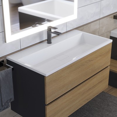 Тумба подвесная Uperwood, с раковиной Uperwood Barsa, 90, цвет белый/чёрный/дуб сонома