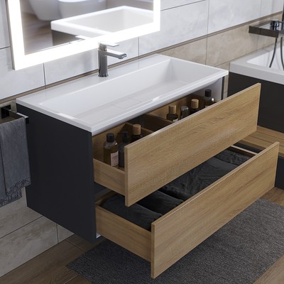 Тумба подвесная Uperwood, с раковиной Uperwood Barsa, 90, цвет белый/чёрный/дуб сонома
