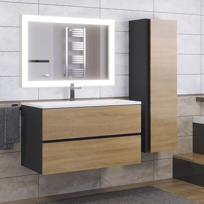 Тумба подвесная Uperwood, с раковиной Uperwood Barsa, 90, цвет белый/чёрный/дуб сонома
