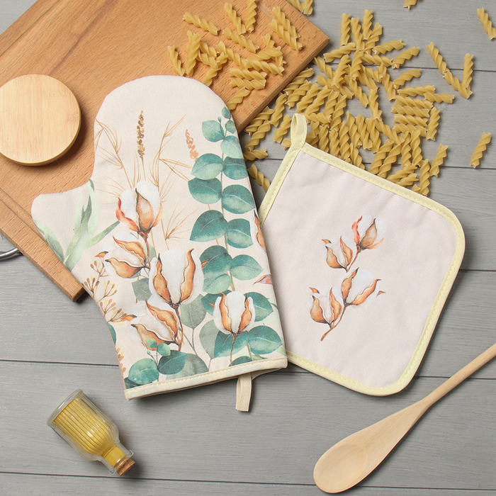 Набор кухонный Этель «Хлопок», варежка-прихватка 20×28 см, прихватка 19×19 см,100% хлопок - Фото 1