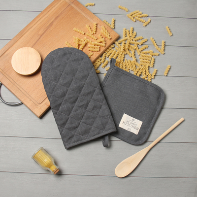 Кухонный набор Этель ECO grey: варежка 15×28 см, прихватка 19×19 см, 100% лён, 245 г/м²