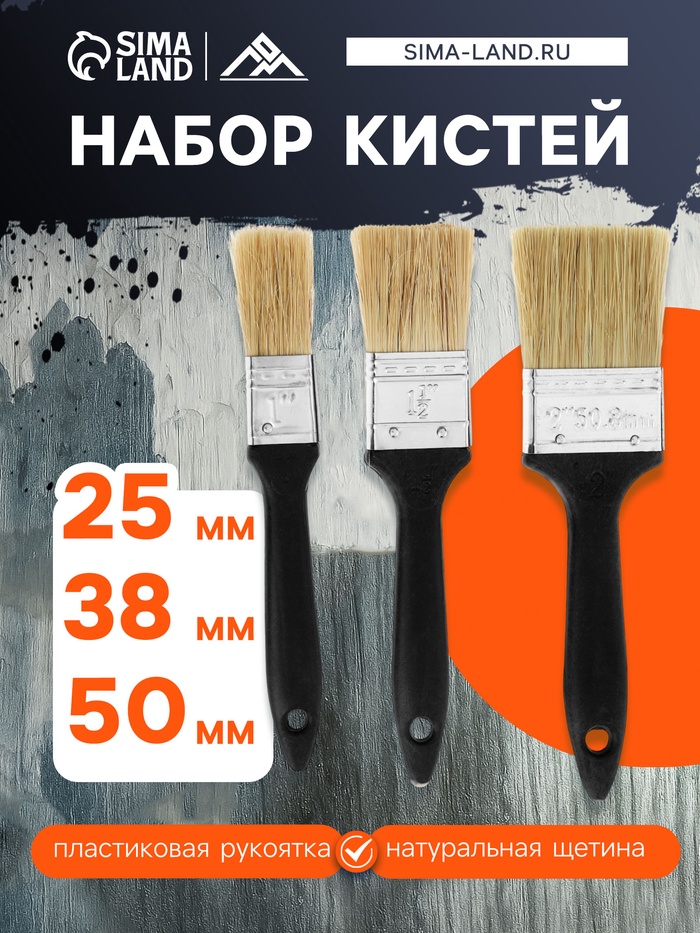 Набор кистей ЛОМ, натуральная щетина, пластиковая рукоятка, 1-1.5-2", 25, 38, 50 мм - Фото 1