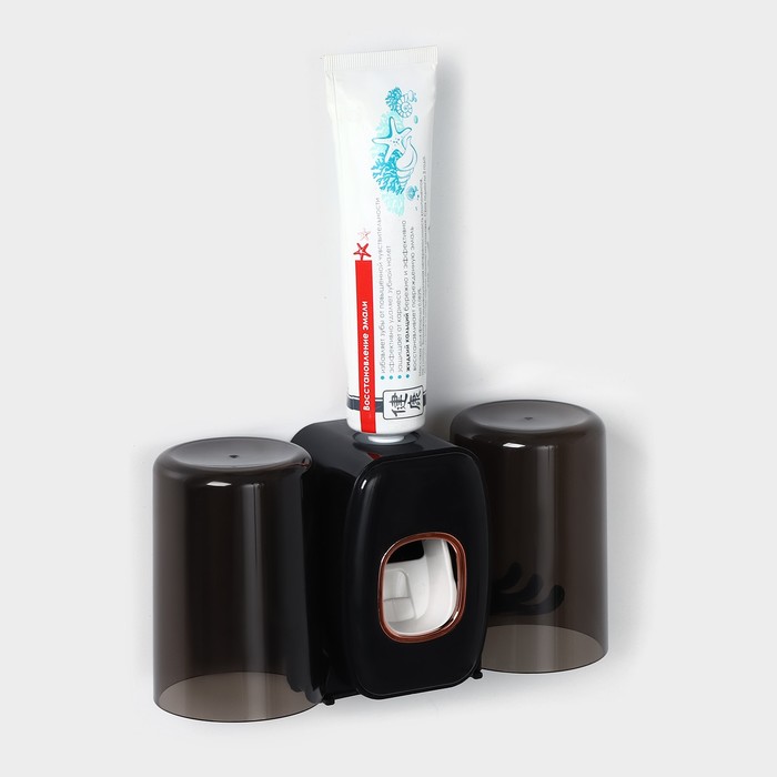 Выдавливатель для зубной пасты+держатель для зубных щёток с 2 стаканами, 20×10,2×6,2 см, цвет чёрный - фото 1909485082