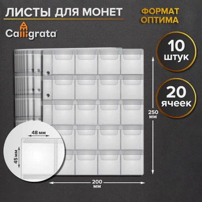 Набор листов для монет, формат «Оптима», 10 листов 200×250 мм, на 20 ячеек 45×48 мм