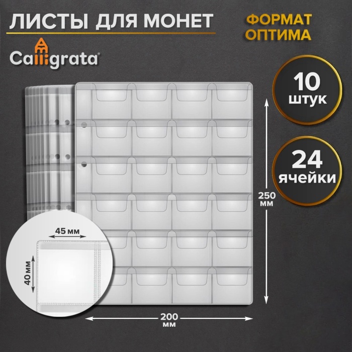 Набор листов для монет, формат «Оптима», 10 листов 200×250 мм, на 24 ячейки 45×40 мм - Фото 1