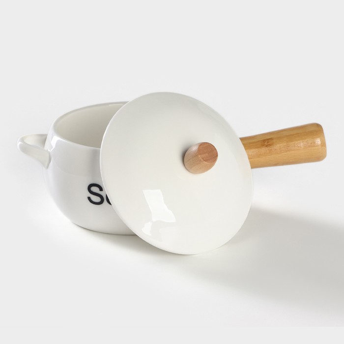 Супница фарфоровая с ручкой на бамбуковой подставке BellaTenero, 400 мл, 20,5×11,5×6,5 см, цвет белый - фото 1888909030