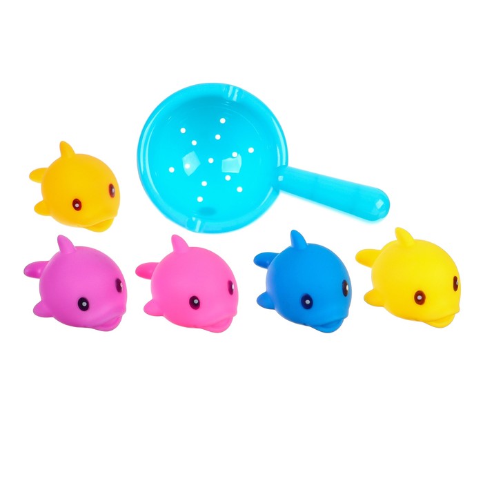Набор резиновых игрушек для ванны «Поймай дельфина», 8 см, с пищалкой, 6 шт, сачок, Крошка Я