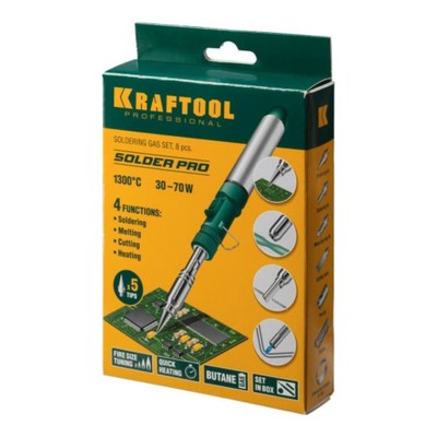 Газовый паяльник/фен/горелка KRAFTOOL SolderPro 70B, 1300°С, регулятор пламени, 4 насадки