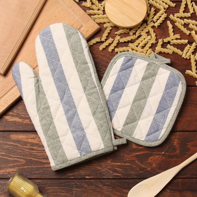 Набор кухонный «Доляна. Полоса», бежевый: варежка-прихватка, прихватка
