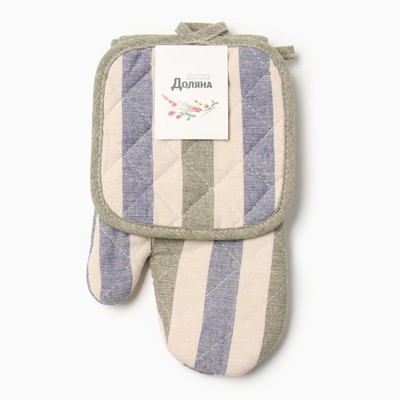 Набор кухонный Доляна, полоса син/зел, варежка-прихватка 28×17 см, прихватка 17×17 см, 50% п/э, 50% хлопок