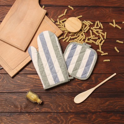 Набор кухонный Доляна, полоса син/зел, варежка-прихватка 28×17 см, прихватка 17×17 см, 50% п/э, 50% хлопок