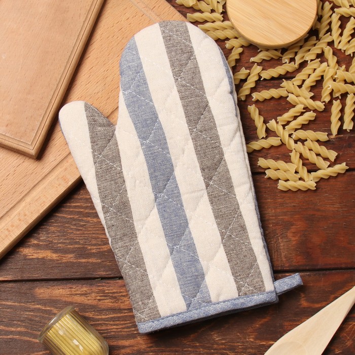 Варежка-прихватка «Доляна. Полоса», серый/синий, 28×17 см, 50% п/э, 50% хлопок - Фото 1