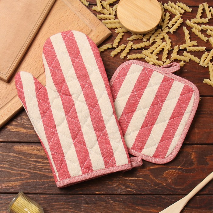 Набор кухонный «Доляна. Полоса», красный, варежка-прихватка, прихватка - Фото 1