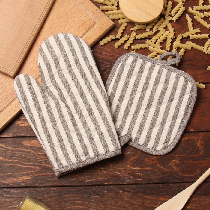 Набор кухонный «Доляна. Полоса»: коричневый, варежка-прихватка 25×17 см, прихватка 17×17 см, 50% п/э, 50% хлопок - Фото 1