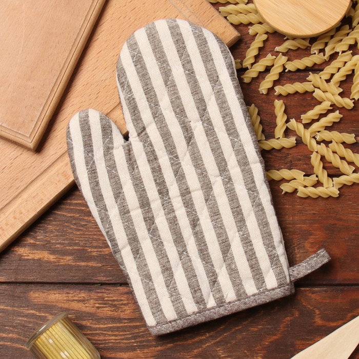 Варежка-прихватка «Доляна. Полоса», коричневая, 25×17 см, 50% п/э, 50% хлопок - Фото 1