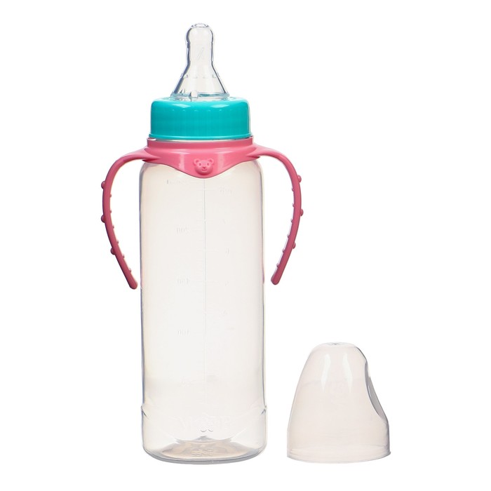 Бутылочка для кормления, классическое горло, 250 мл., от 0 мес., цилиндр, с ручками, цвет бирюзовый/розовый - Фото 1