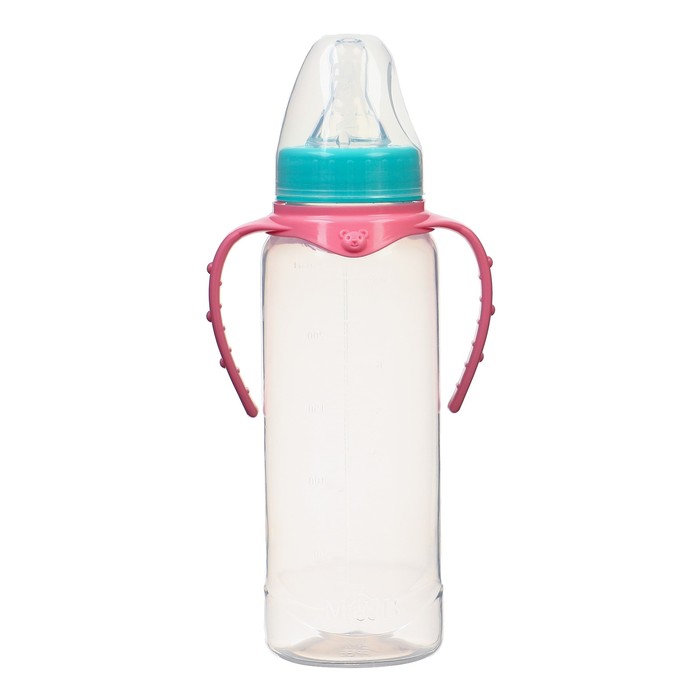 Бутылочка для кормления 250 мл цилиндр, с ручками, цвет бирюзовый/розовый