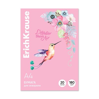 Бумага для акварели А4, 20 листов, ErichKrause «Колибри», блок 180 г/м², 100% белизна, в картонной папке