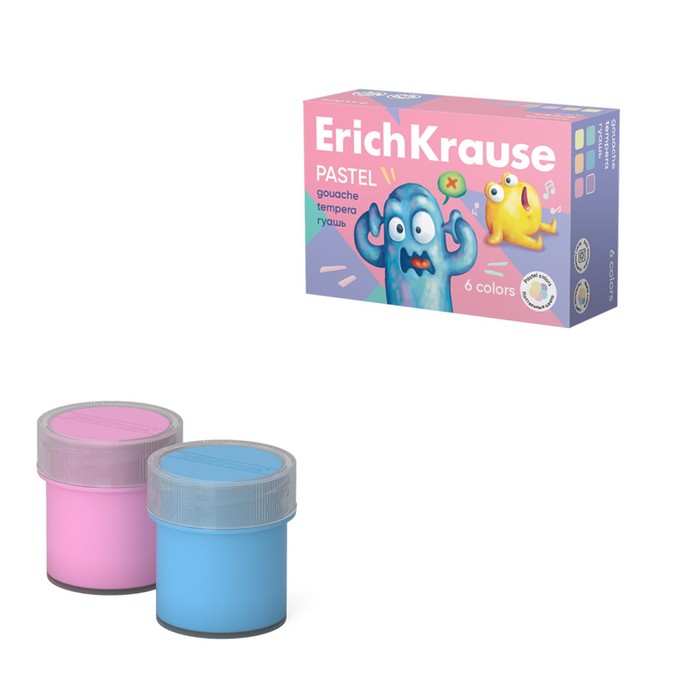 Гуашь 6 цветов х 20 мл, ErichKrause "Jolly Friends Pastel", в картонной упаковке - Фото 1