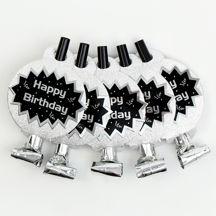 Карнавальный язычок "С днем рождения" набор 5 штук, цвет серебро