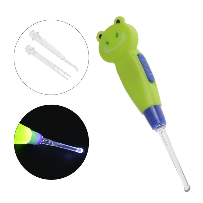 Палочка для чистки ушей LES-02, LED - подсветка, 3 насадки, от батареек, лягушка - Фото 1