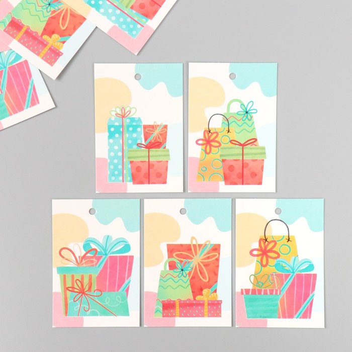 Бирка картон "Подарки. Цветные" набор 10 шт (5 видов) 4х6 см - Фото 1