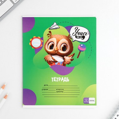 Тетрадь в клетку, 12 листов, А5, на скрепке, блок №1 «Учись на 5+» МИКС