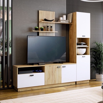 Гостиная комплект «Моди К1», с шкафом, с полками, 2000×333×1805 мм, цвет дуб крафт золотой/белое дерево