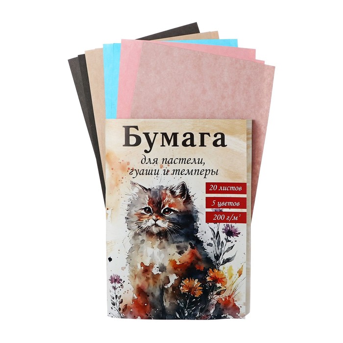 Бумага для акварели, пастели, гуаши, темперы А4, 20 листов, блок 200 г/м², 5 цветов, в папке - Фото 1