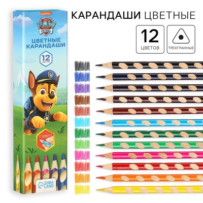 Цветные карандаши, 12 цветов, трехгранные, «Щенячий патруль»
