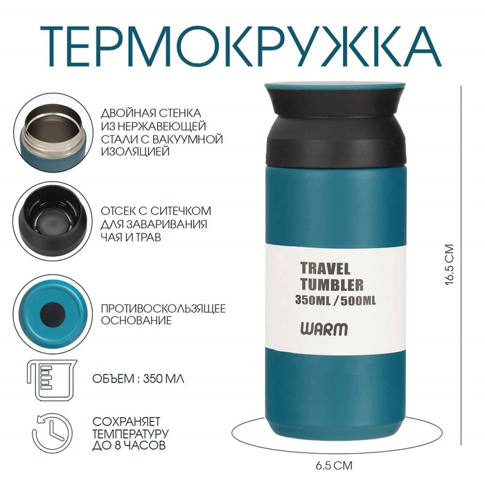 Термокружка TAKE IT EASY «Мини», 350 мл, 6.5×16.5 см, сохраняет тепло 8 ч, нержавеющая сталь, синяя - Фото 1