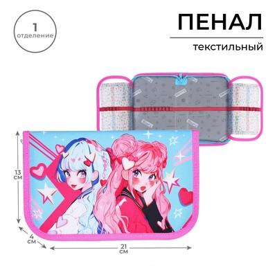 Пенал школьный, 1 секция, 13×21×4 см «Аниме подружки»
