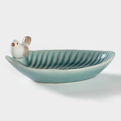 Блюдо керамическое сервировочное «Птичка на листочке», 15.5×8.5 см, цвет голубой