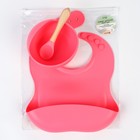 Детская посуда в наборе из силикона Крошка Я: нагрудник, тарелка на присоске, ложка, розовый - Фото 5