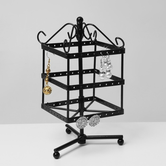 Подставка для украшений «Вертушка», 3 яруса, 48 пар, металл, 11×11×28 см, цвет чёрный
