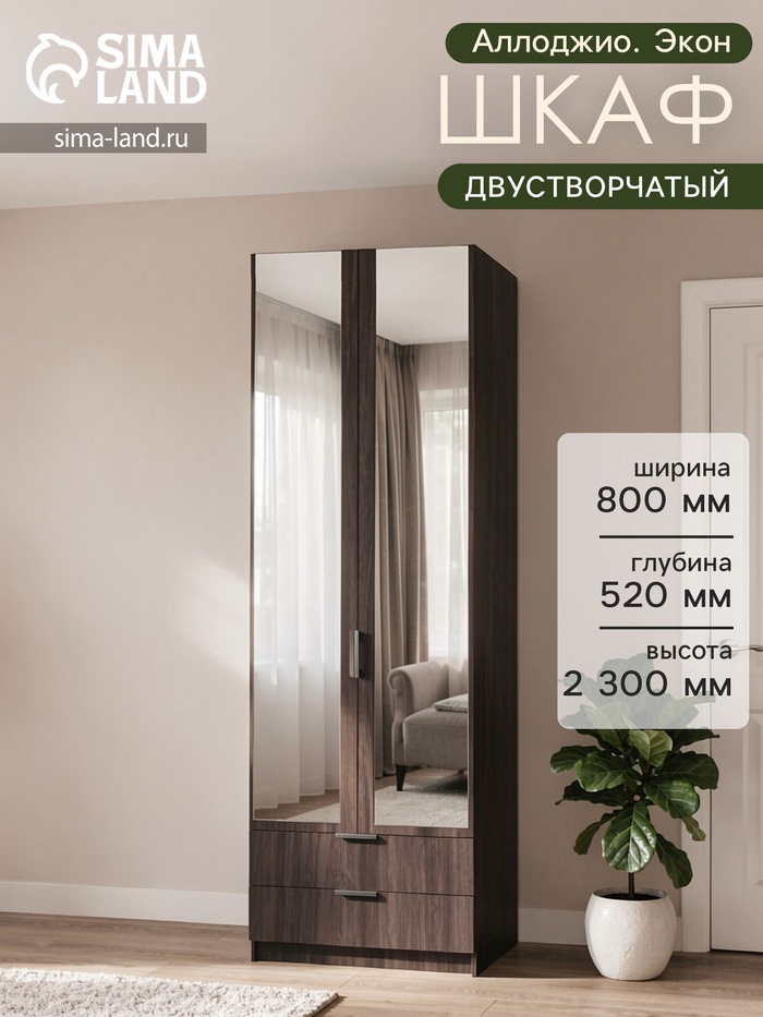 Шкаф двухдверный «Аллоджио. Экон», 2 ящика, с зеркалом, с штангой, 800×520×2300 мм, цвет венге