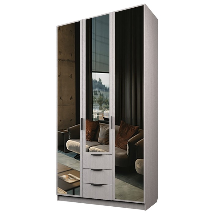 Шкаф трехдверный «Аллоджио. Экон», 3 ящика, 3 зеркала, 1200×520×2300 мм, цвет ясень анкор светлый