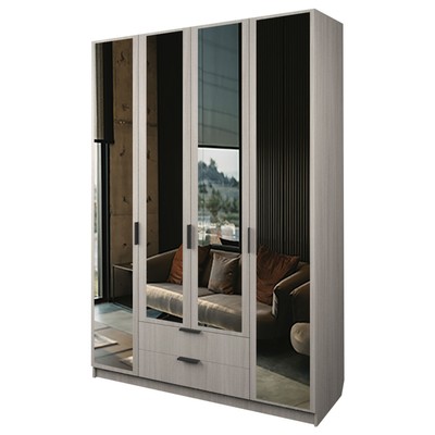 Шкаф 4-х дверный «Экон», 1600×520×2300 мм, 2 ящика, 4 зеркала, цвет ясень шимо светлый